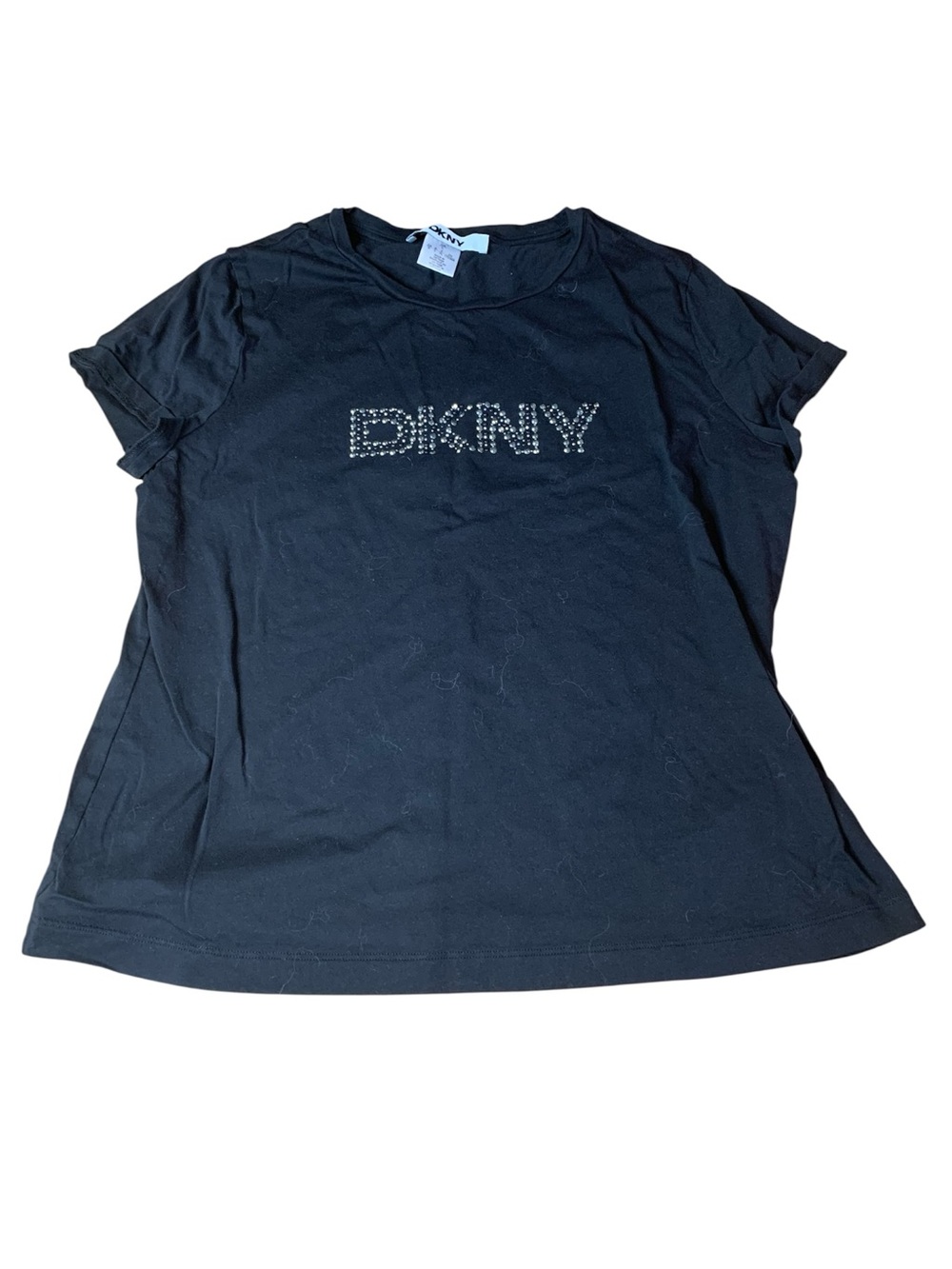 DKNY Black Rhinestone Box Logo Graphic Tee Cotton Modal Blend Large